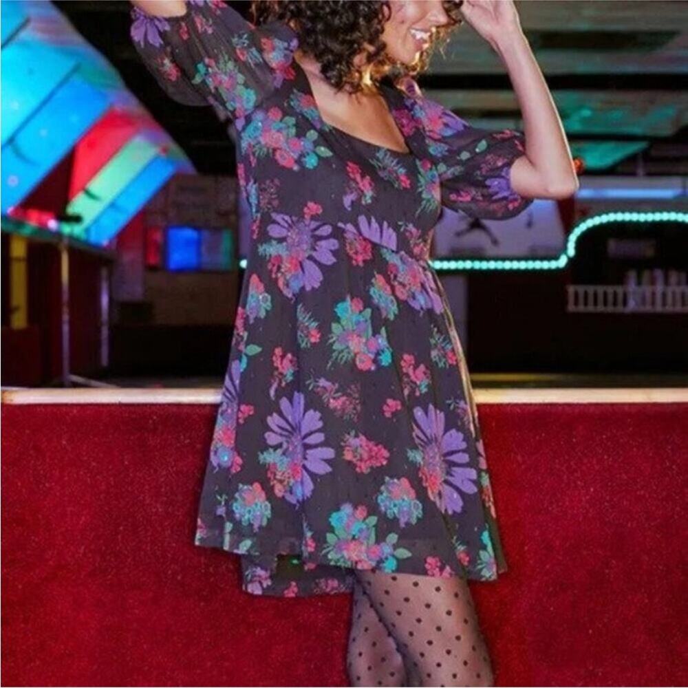 ModCloth Meow Bouquet Floral Cat Print Black Babydoll Square Neck Dress L